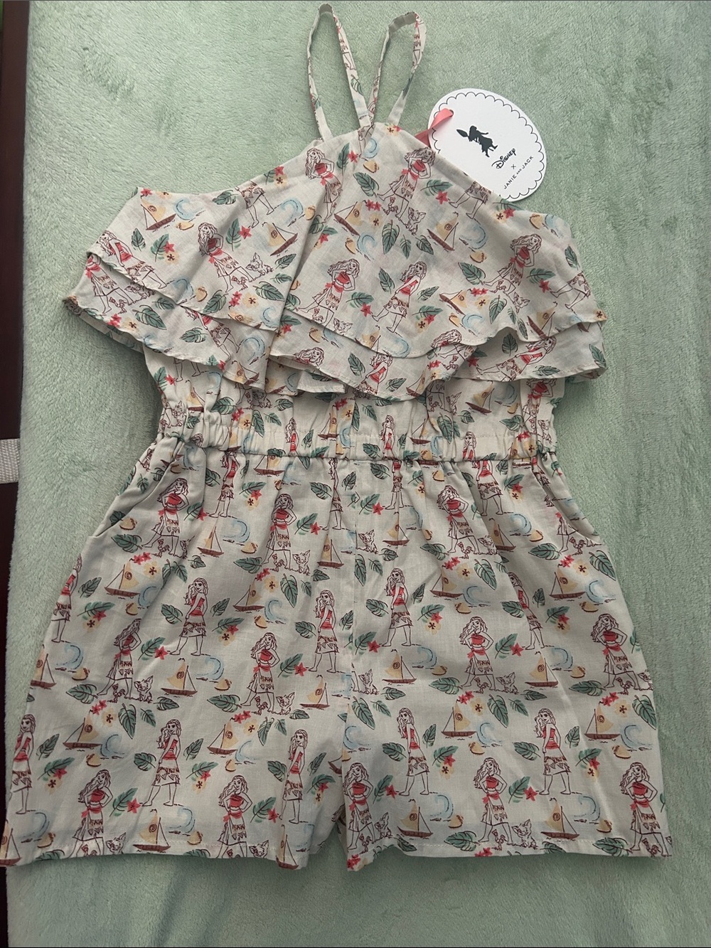 Janie and Jack Disney Moana Cream Floral Print Romper with Ruffle